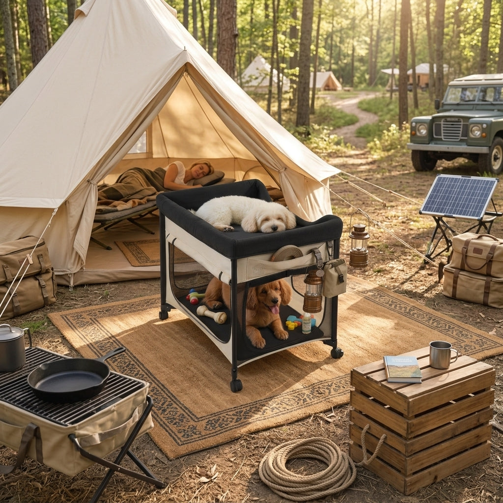Foldable I YAN bunk dog bed with wheels, side storage bags, and dual-level design for cozy pet lounging and easy mobility.