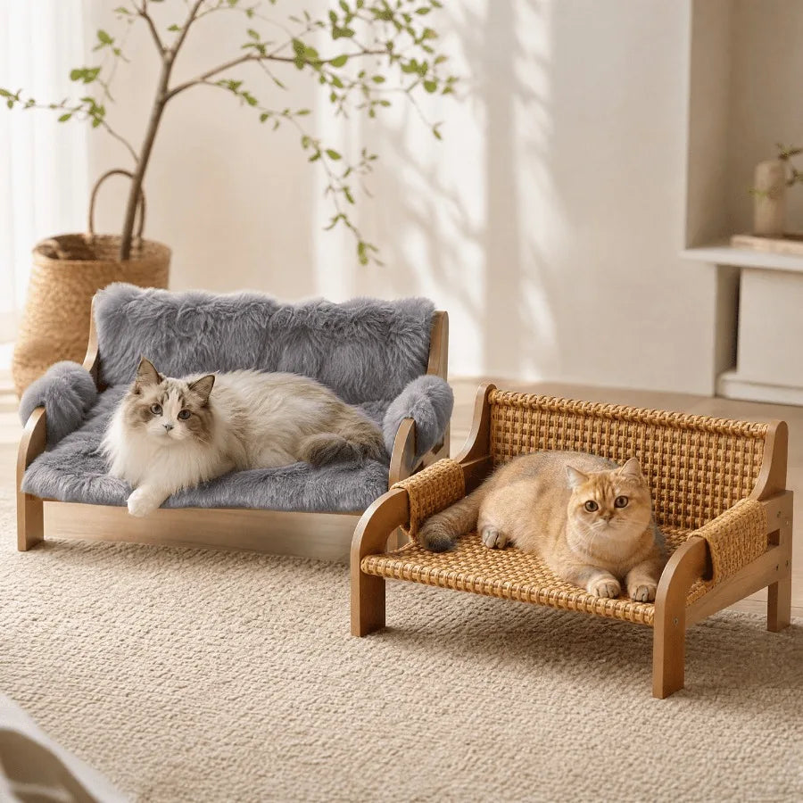 Elevated I YAN cat sofa bed with wooden frame, washable fluffy cushion, and cooling mat for indoor cats.