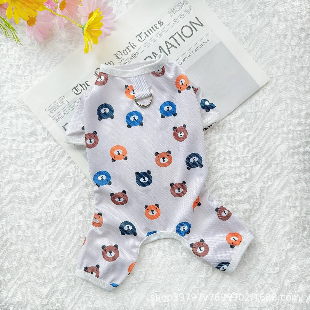 I YAN pet summer jumpsuit featuring frog, bear, and unicorn prints, breathable mesh material, four-leg design, sun protection outfit for dogs.