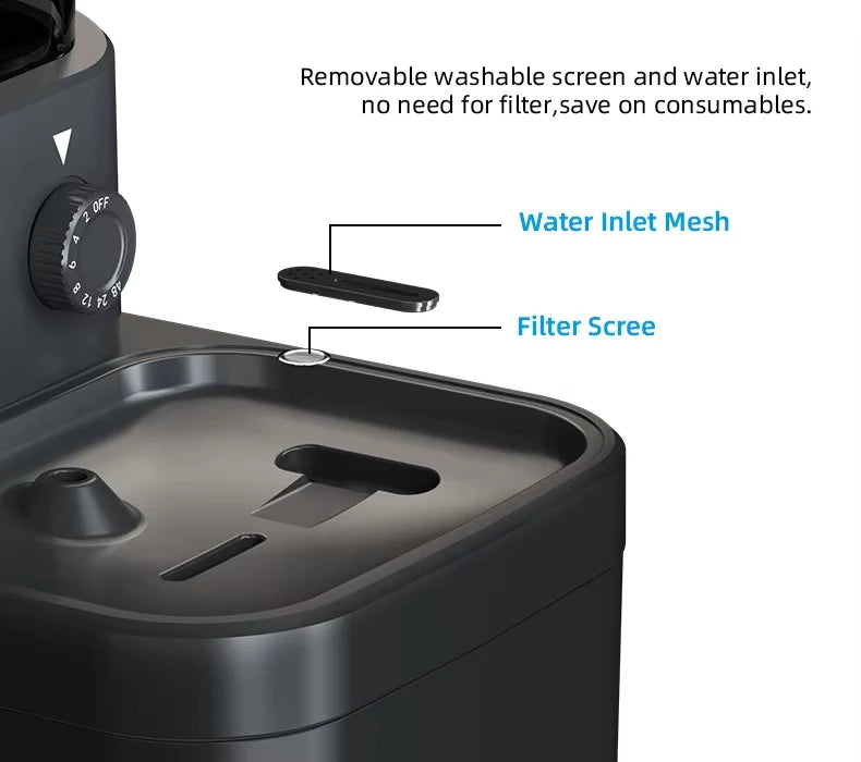 Stainless steel 3L filterless automatic pet water fountain by I YAN, rechargeable, detachable, with flowing water for pets.