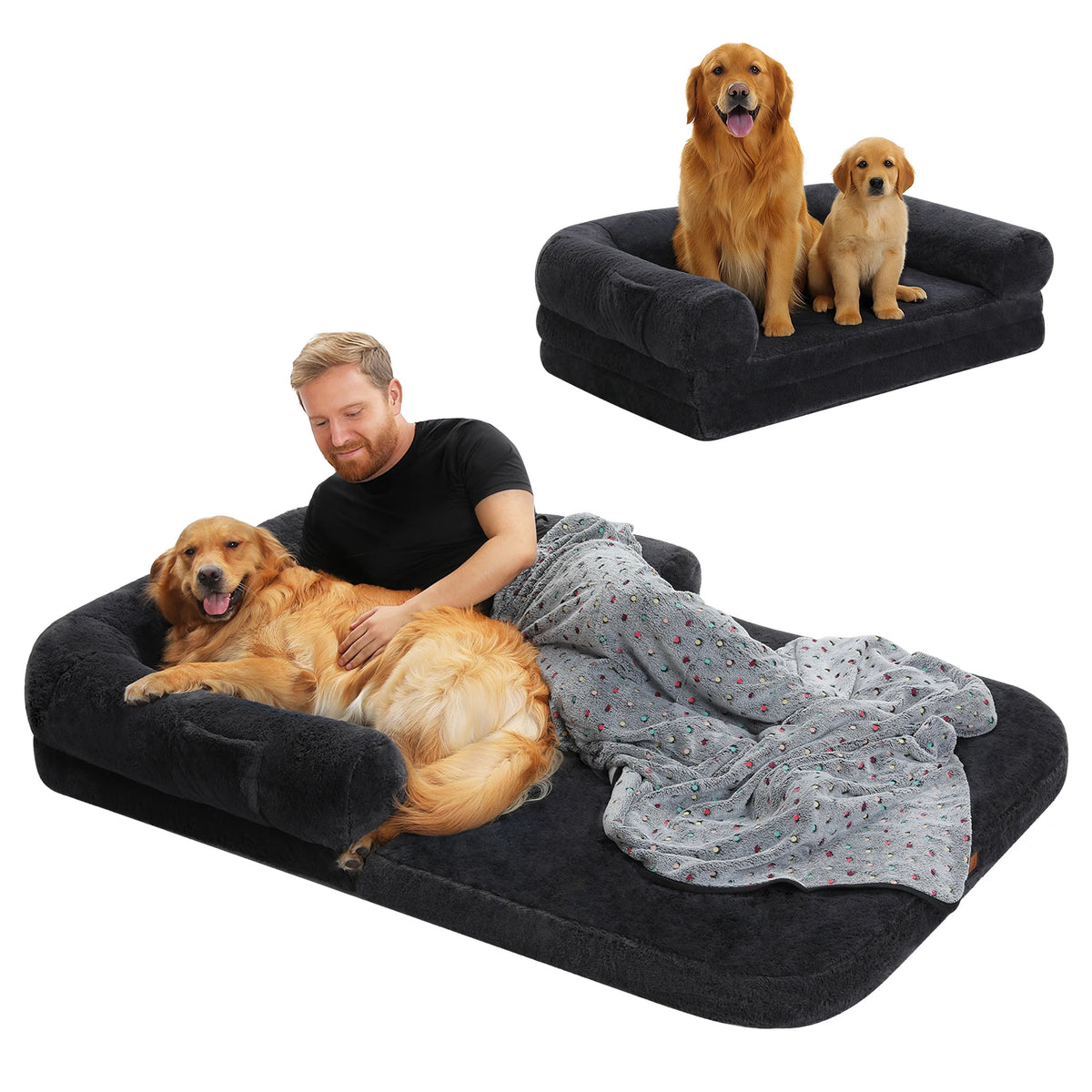 Foldable plush dog bed for large dogs with washable cover and non-slip bottom, designed by I YAN for adult and kids pets.