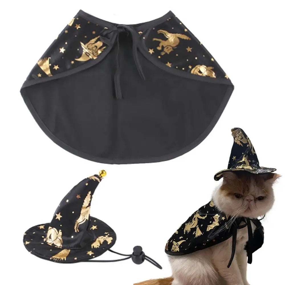 Cat Wizard Costume with witch hat and cape for dogs and cats, featuring a whimsical design by I YAN for Halloween dress-up.