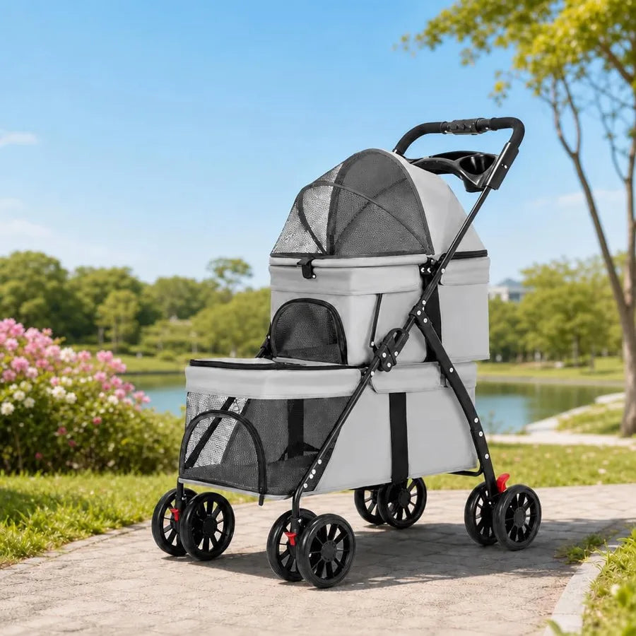 Foldable I YAN double pet stroller with lockable wheels, suitable for small cats and dogs, featuring two carriages for easy travel.
