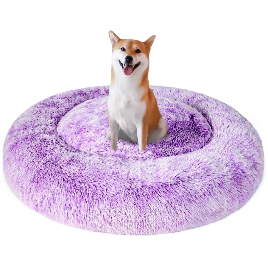 Pink rainbow Calming Donut Dog Bed for small dogs, plush, cozy, and warming pet bed by I YAN, designed to reduce anxiety.