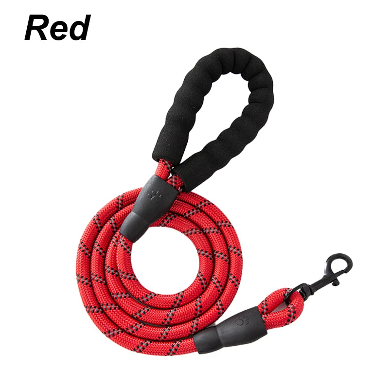 Reflective nylon pet leash with foam handle, adjustable for large, medium, and small dogs, featuring a non-slip grip and outdoor use.