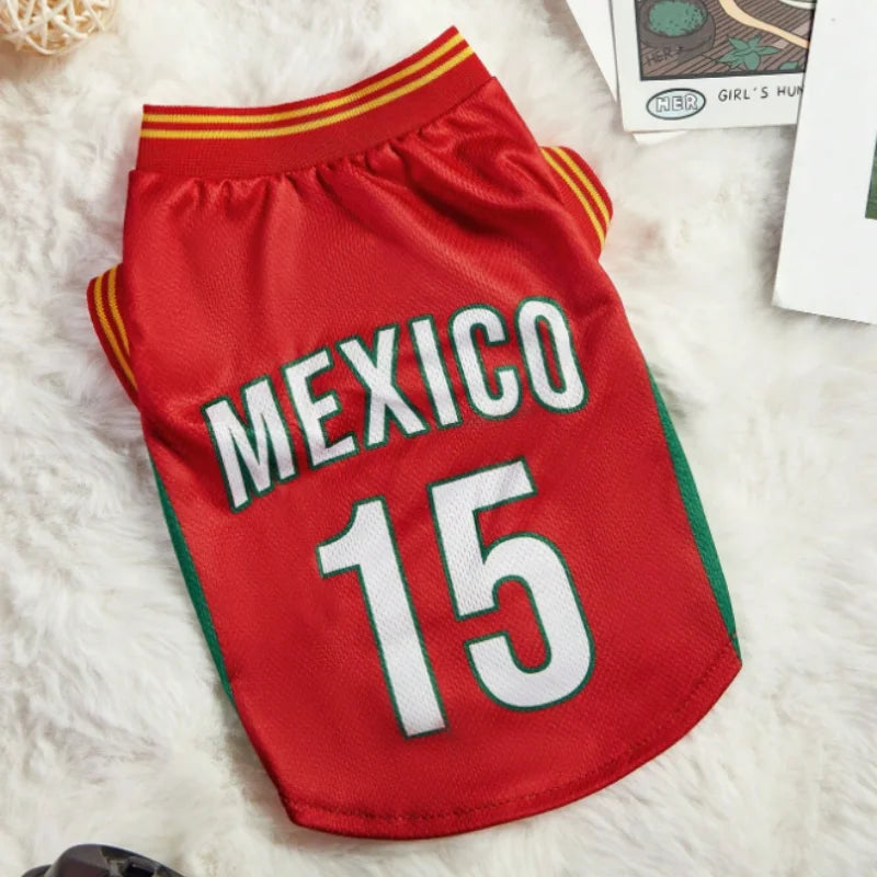 Breathable mesh dog jersey for large Schnauzer, Teddy, or puppy, I YAN summer pet T-shirt with basketball print and lightweight design.