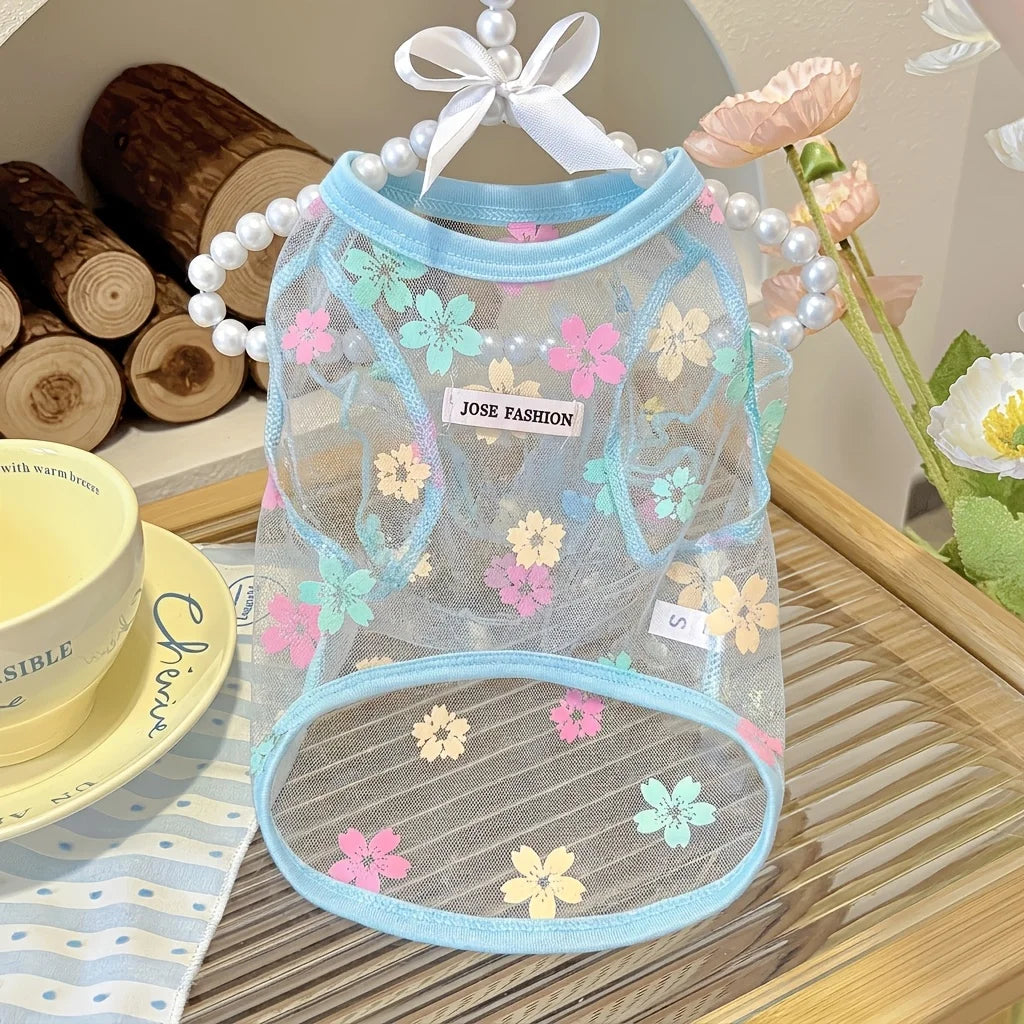Lightweight summer floral mesh dog and cat shirt in four colors, featuring sheer fabric, cute flower print for small pets.