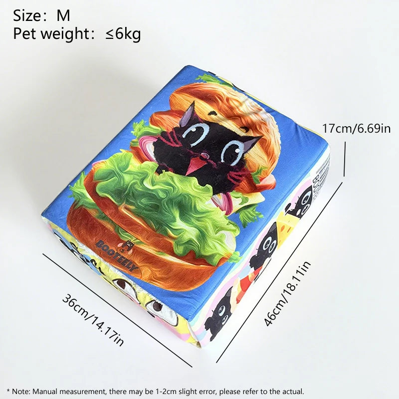 I YAN BOOTEELY cartoon hamburger plush cat bed with black cat design, spacious cozy pet nest for comfortable feline rest