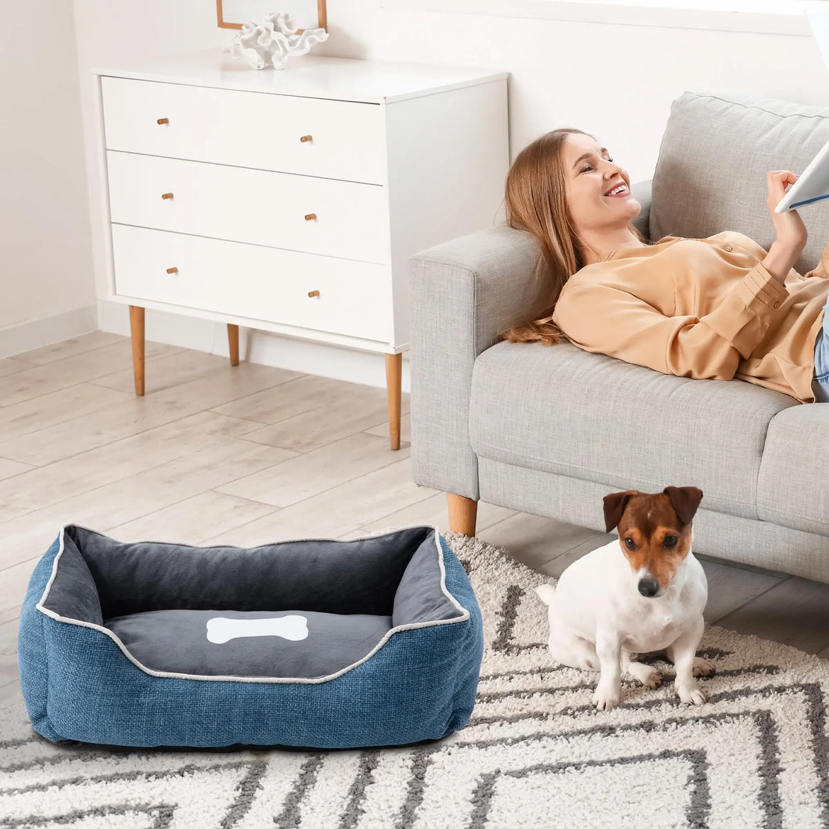 Blue small dog and cat bed with plush material, anti-slip bottom, removable washable cover, ideal for indoor and outdoor use.