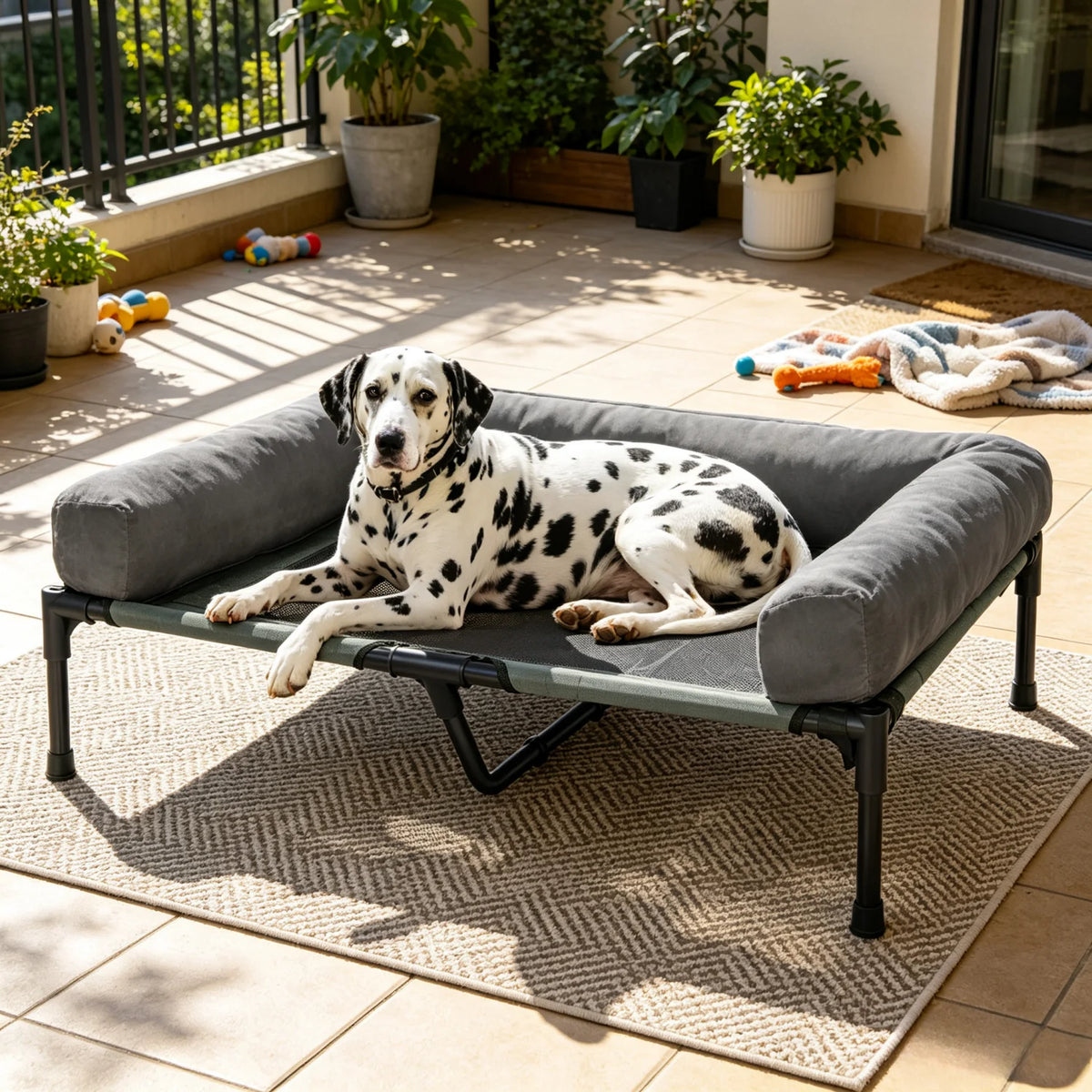 I YAN outdoor indoor elevated dog bed for large dogs with cooling raised cot, breathable mesh, detachable plush bolster, pet hammock bed.