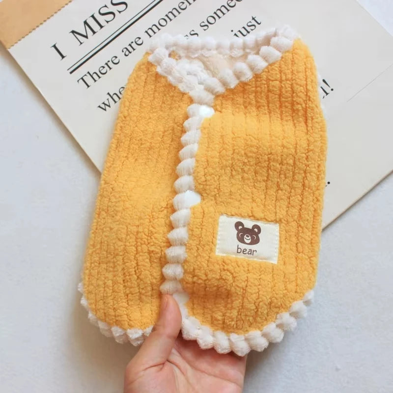 Warm fleece dog coat for small pets, featuring a cute puppy jacket design suitable for French Bulldogs, Chihuahuas, and Yorkies.