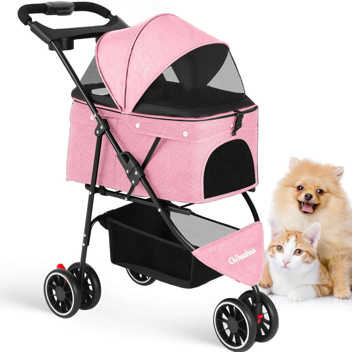 I YAN foldable pet stroller with breathable mesh canopy, 3 wheels for small and medium cats and dogs, ideal for outdoor travel.