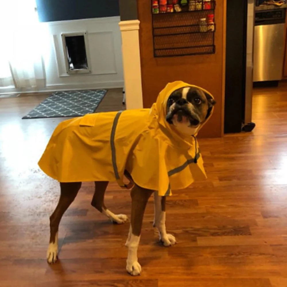 Reflective hooded dog raincoat by I YAN, waterproof cape-style pet jacket with reflective strips for visibility in rain.