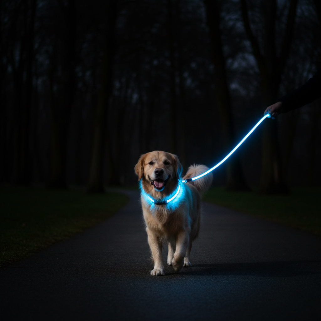 Rechargeable LED dog collar and leash set by I YAN with glow-in-the-dark safety features, shown in a close-up image.