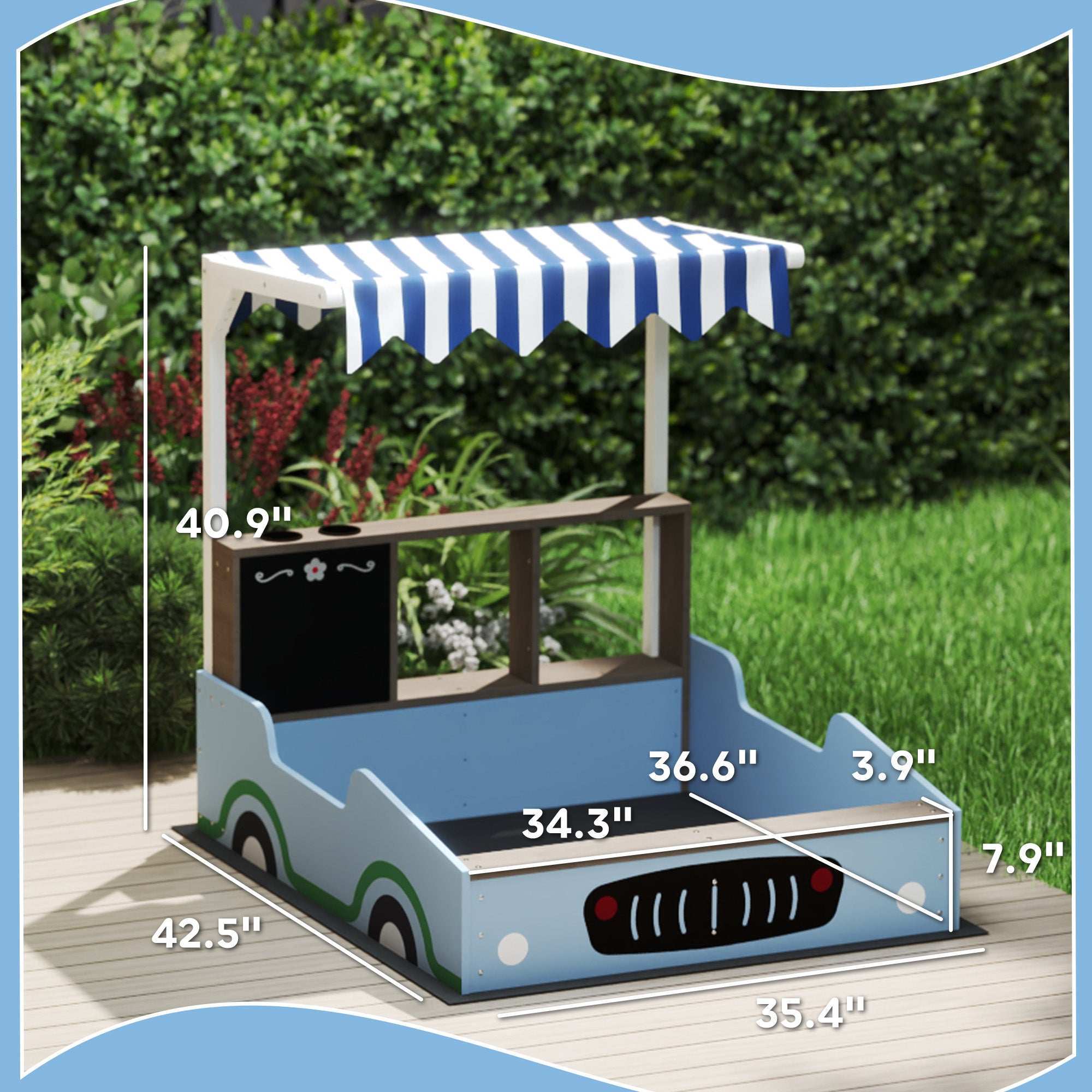 Kids wooden sandbox with blue canopy, bench seats, planting boxes, drawing board, and bottom liner, ideal for backyard play.