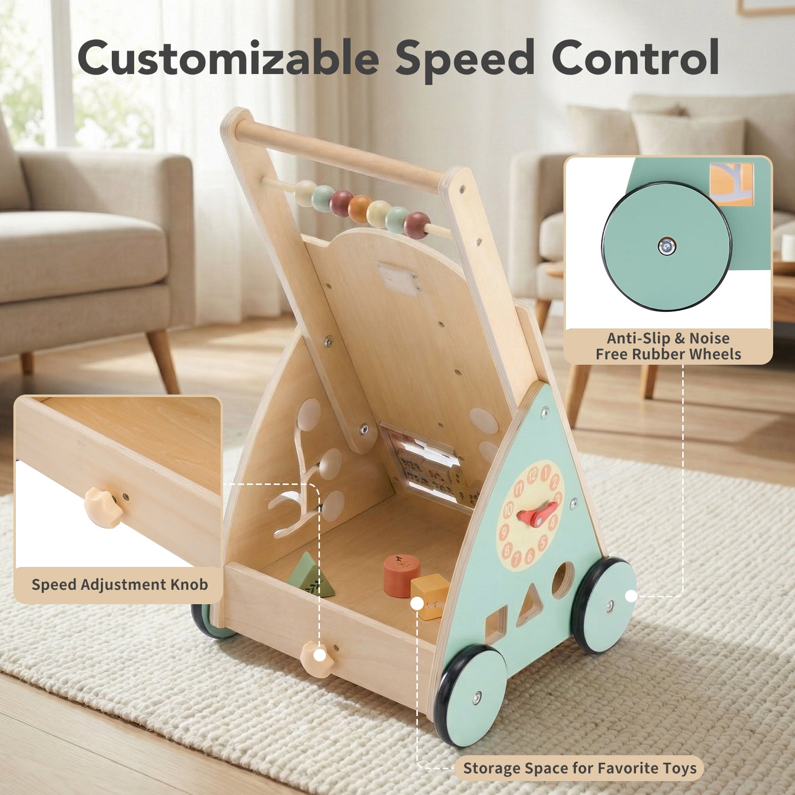 Wooden baby walker with adjustable speed, Montessori activity center, silent wheels, push-style design by I YAN for early walking development.