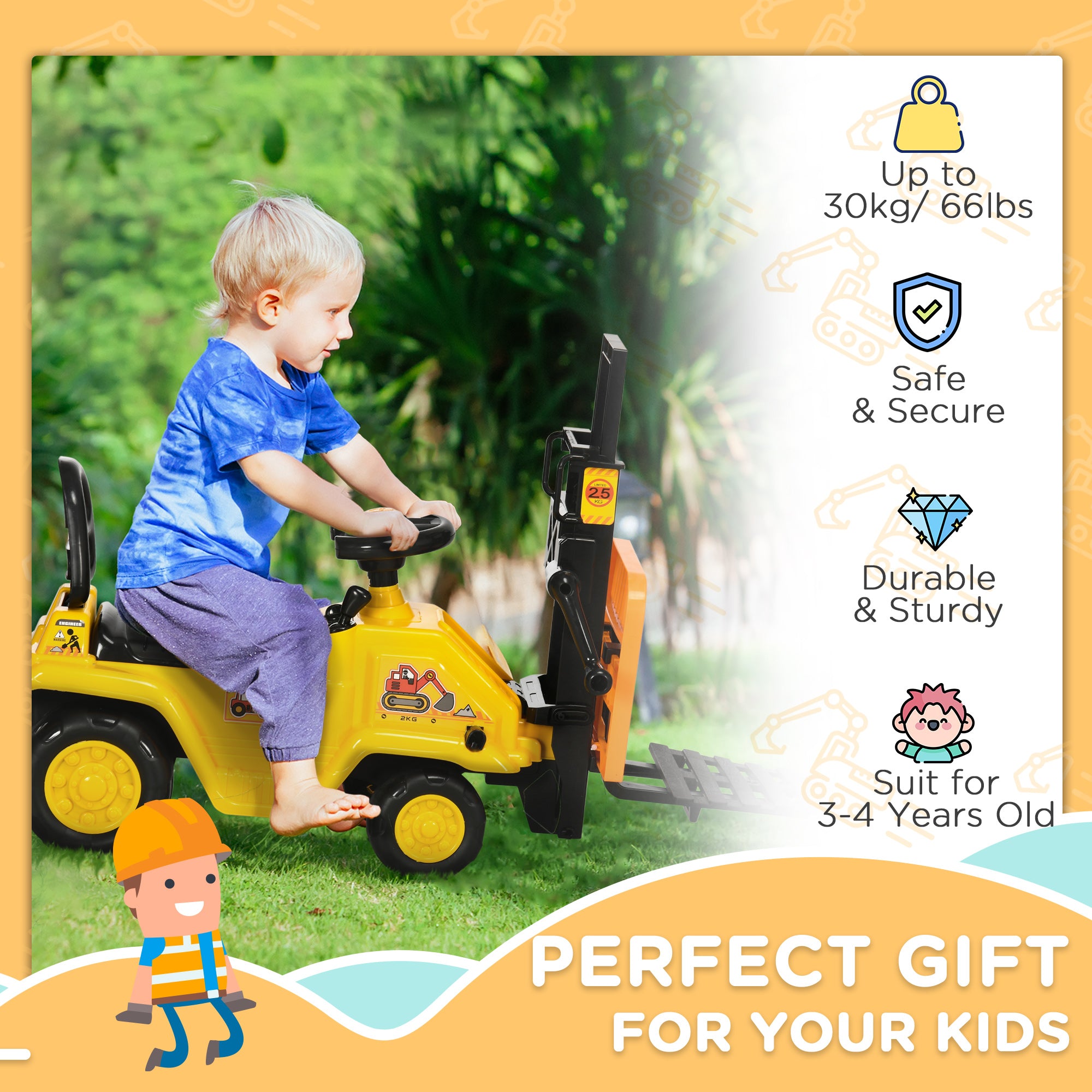 I YAN Sit and Scoot forklift ride-on toy for kids, featuring under-seat storage and realistic forklift operation for imaginative play.