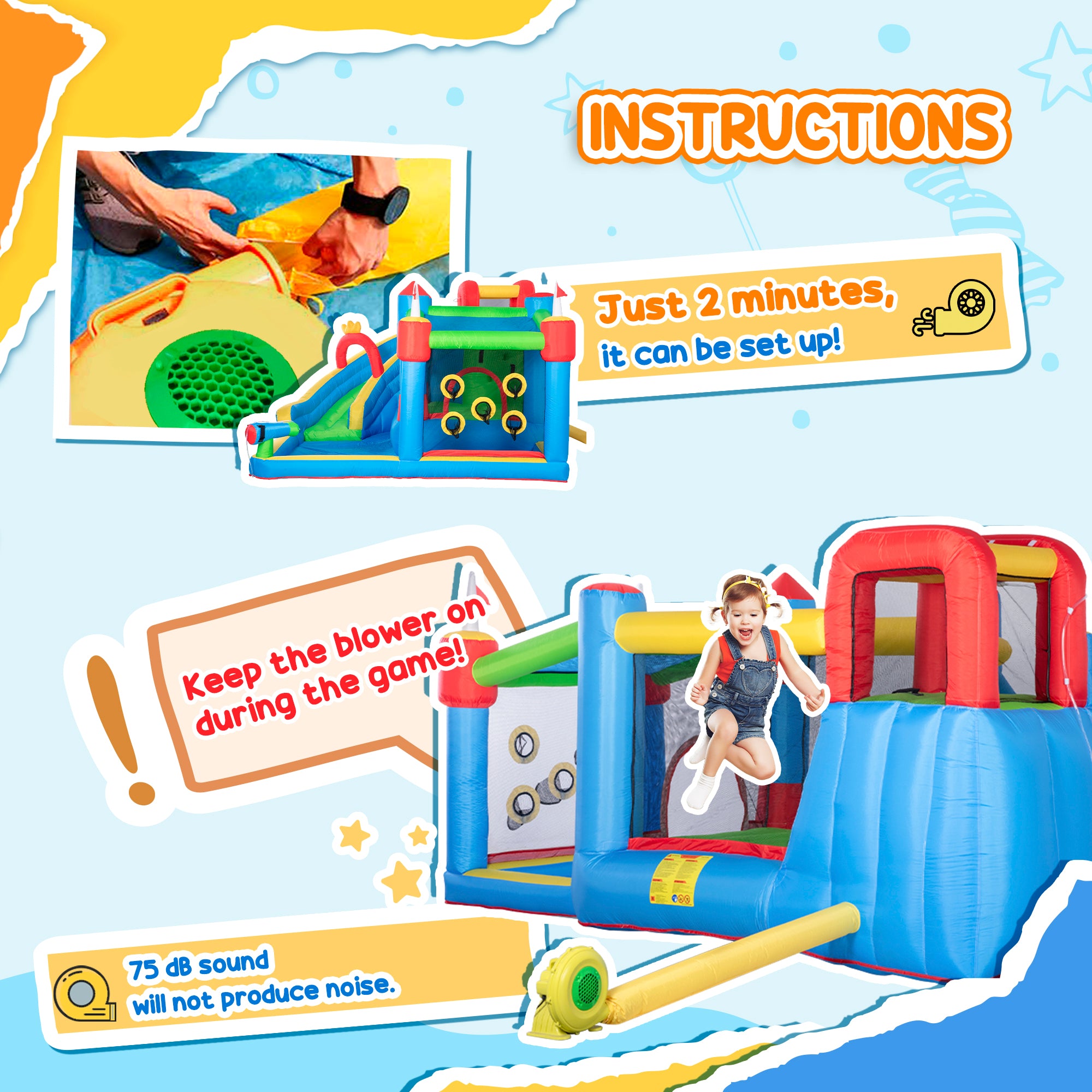 Colorful 6-in-1 inflatable water slide for kids featuring a splash pool, climbing wall, water cannon, and bounce house by I YAN.