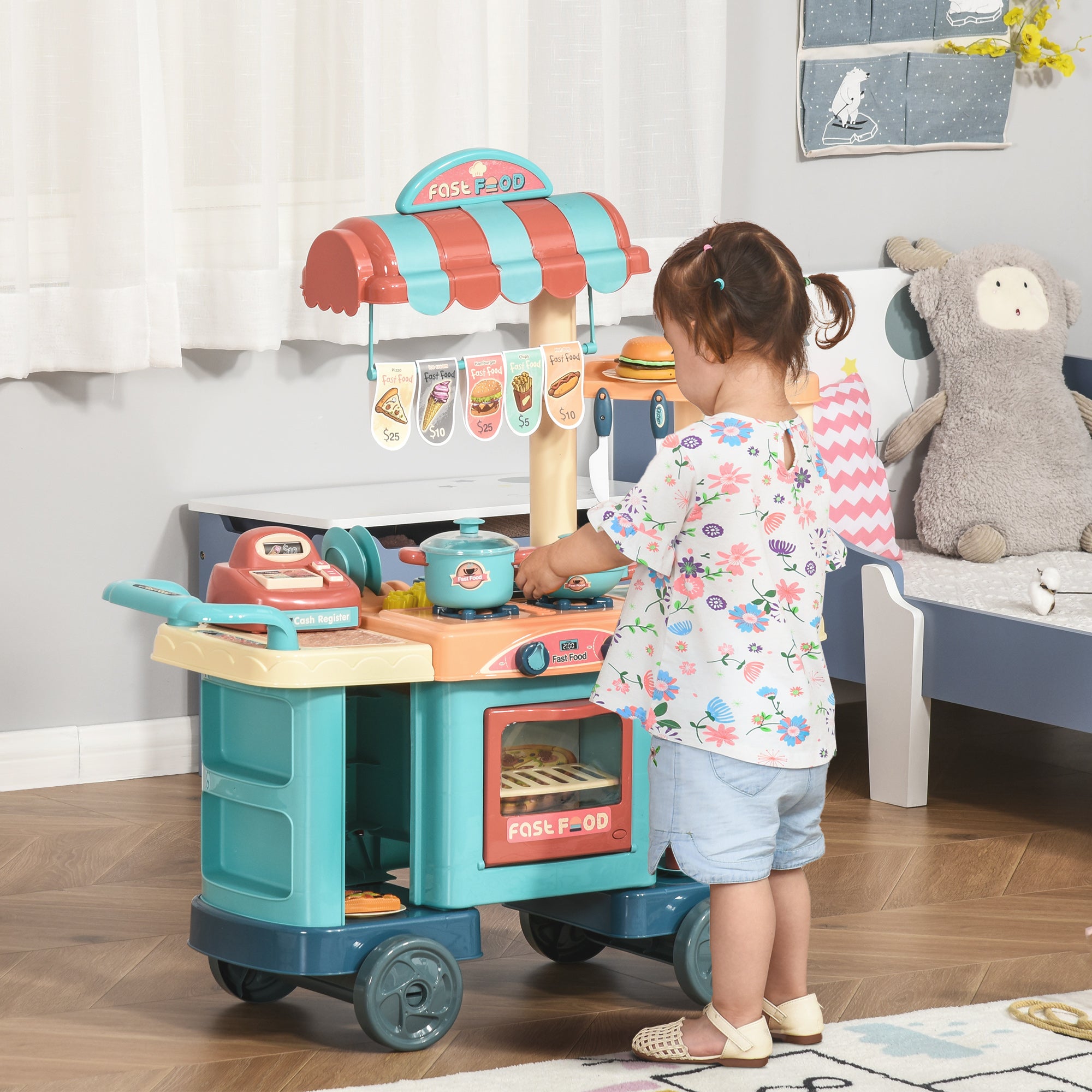 Kids kitchen food stand with play food, cashier register, and accessories by I YAN, designed for children ages 3-6.