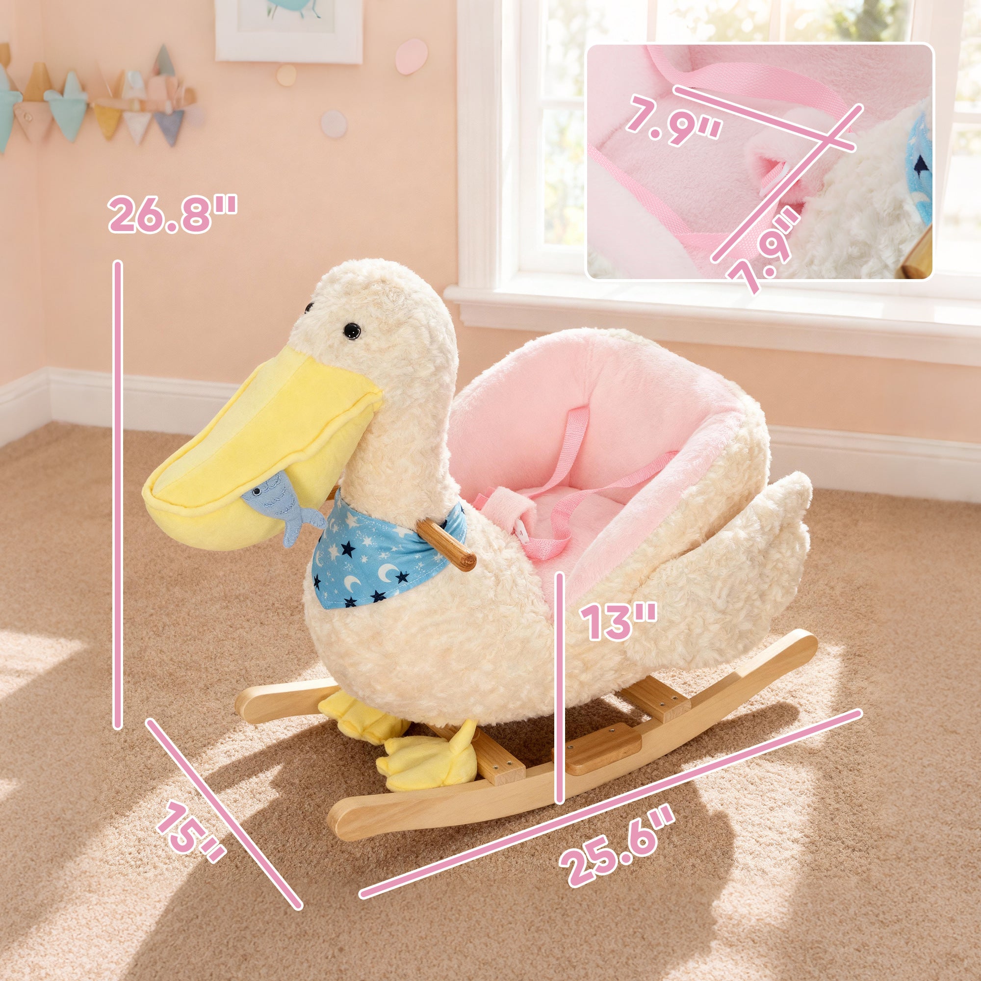 White I YAN baby rocking horse shaped like a pelican with realistic duck sounds, designed for toddlers aged 18-36 months.