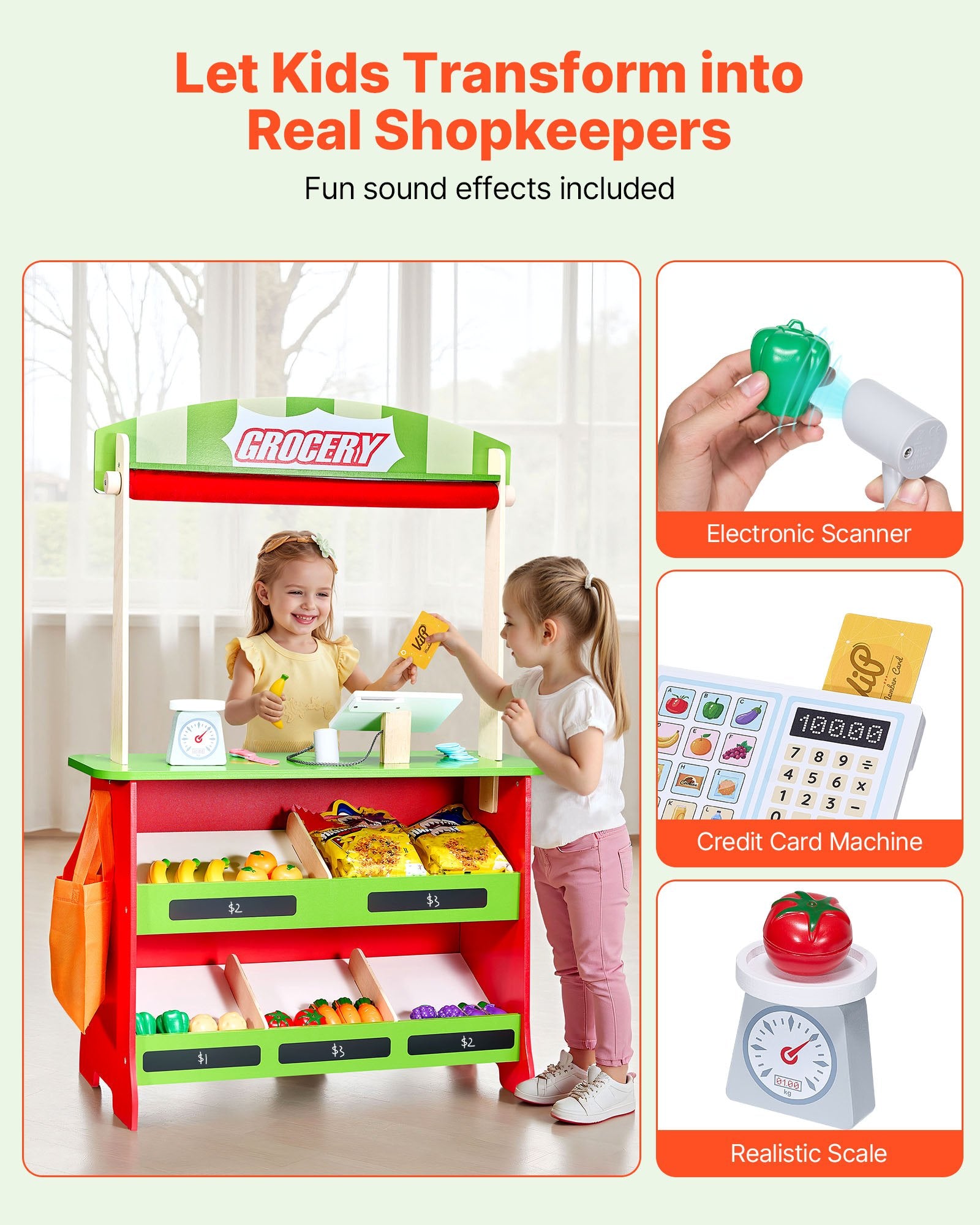 Wooden puppet theater and reversible play store stand by I YAN for kids, featuring colorful market and play store designs.