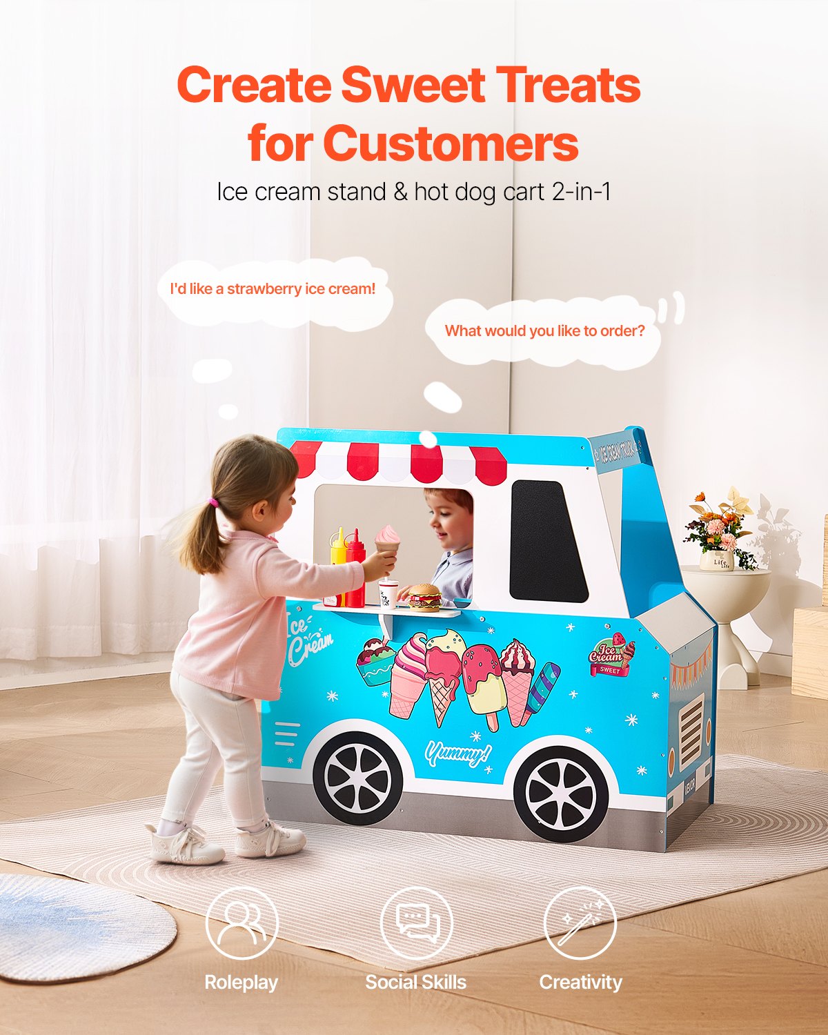 Wooden ice cream truck playset by I YAN with colorful details and pretend food accessories for kids aged 3-7.