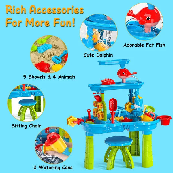 I YAN Kid Sand Water Table for toddlers with rain showers and sensory play features, ideal for ages 3-6 years old.