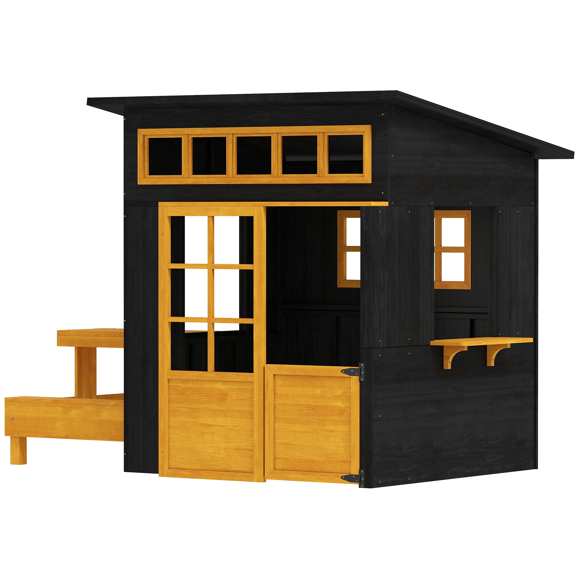 Wooden kids outdoor playhouse with picnic table, benches, chalkboards, windows, and half door, suitable for ages 3-8 by I YAN