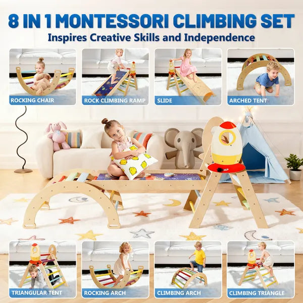 I YAN 7-in-1 foldable wooden baby climbing toy set with arch, triangle pinball game, and seesaw for toddler play and development.