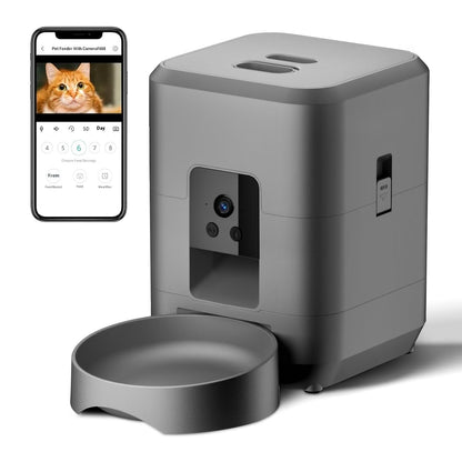 I YAN smart auto pet feeder with LCD timer, WiFi, camera, and button controls for cats and dogs, shown with food bowl and digital display.