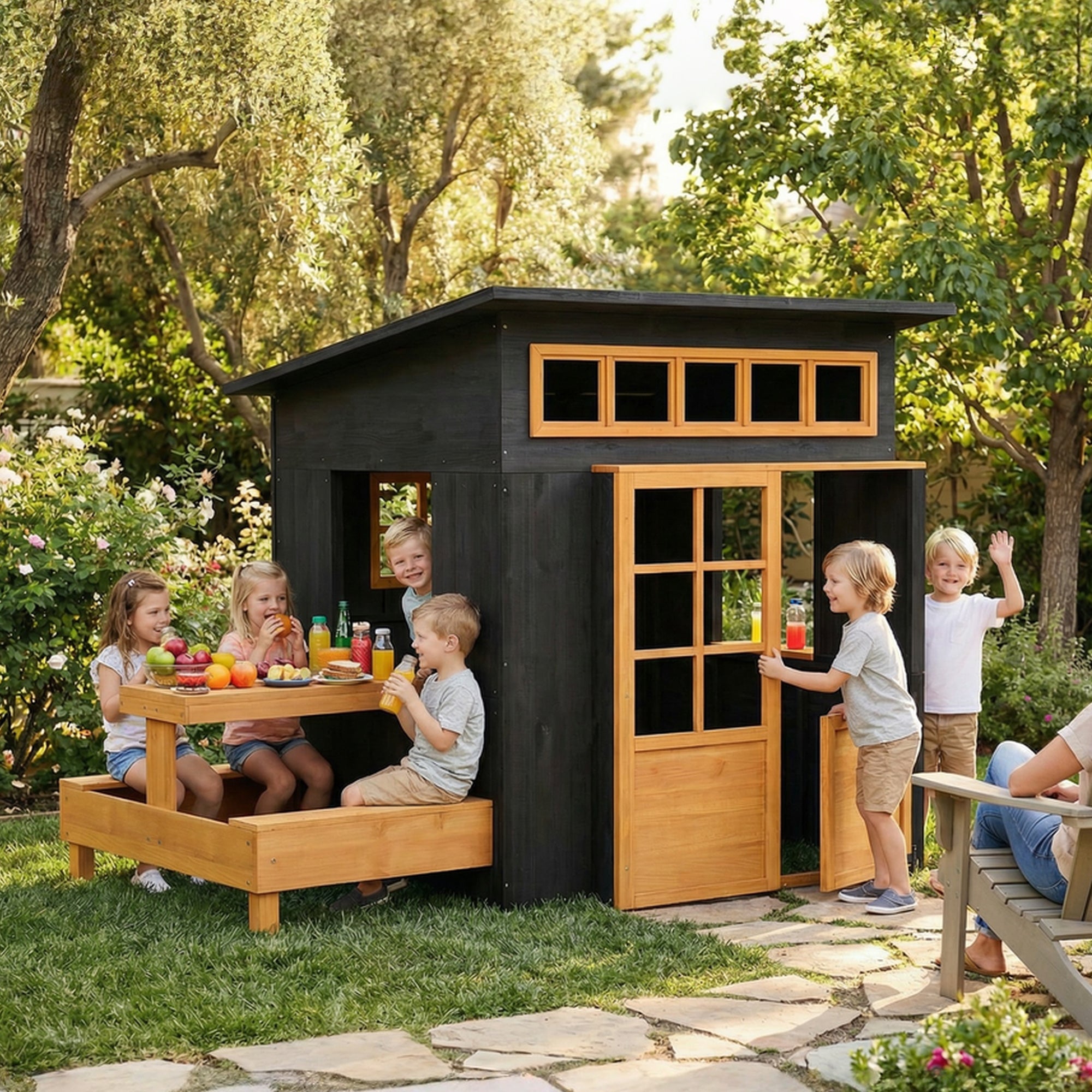 Wooden outdoor kids playhouse with picnic table, benches, chalkboards, windows, and half door, suitable for children ages 3-8.