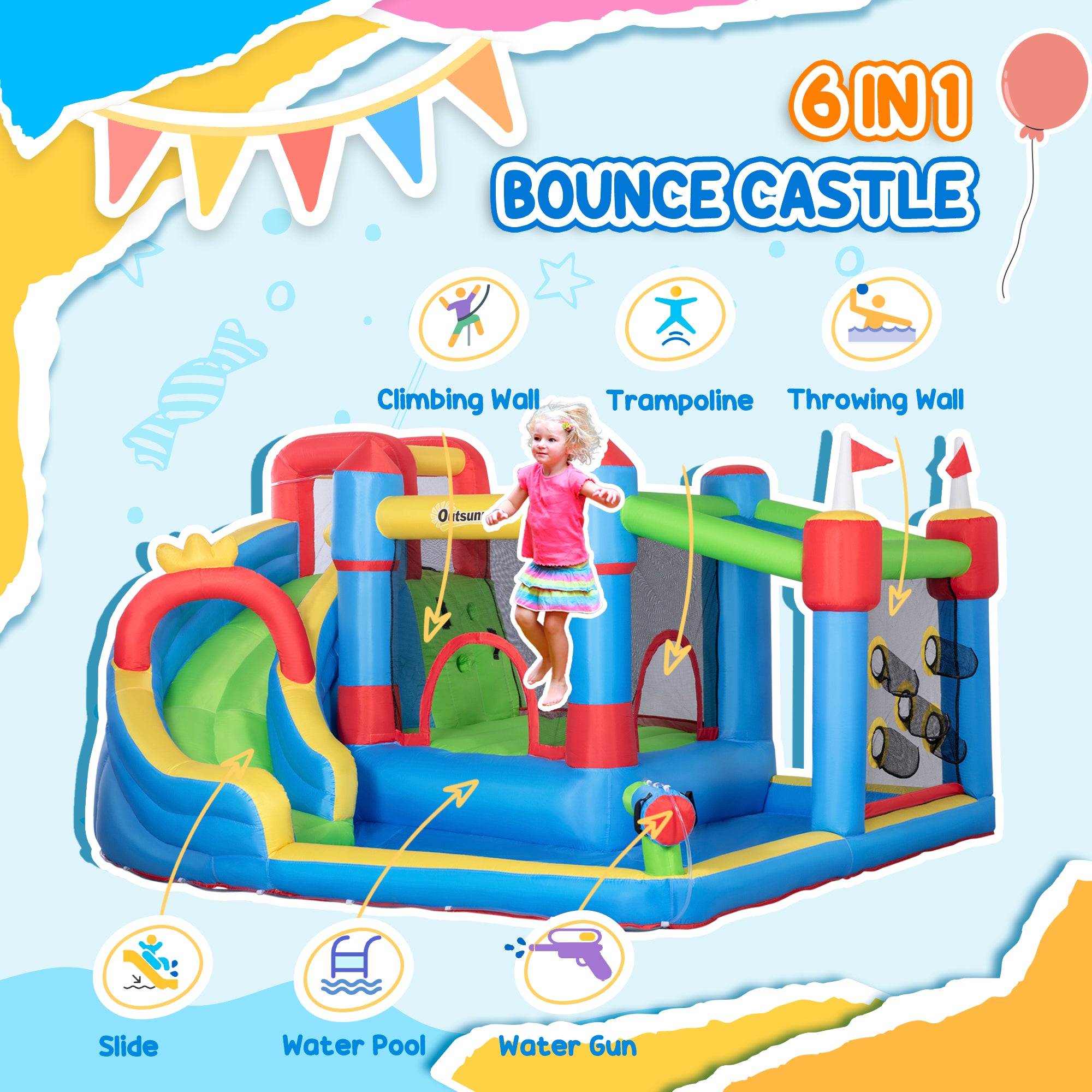 Colorful 6-in-1 inflatable water slide with splash pool, climbing wall, water cannon, and bounce house for kids by I YAN