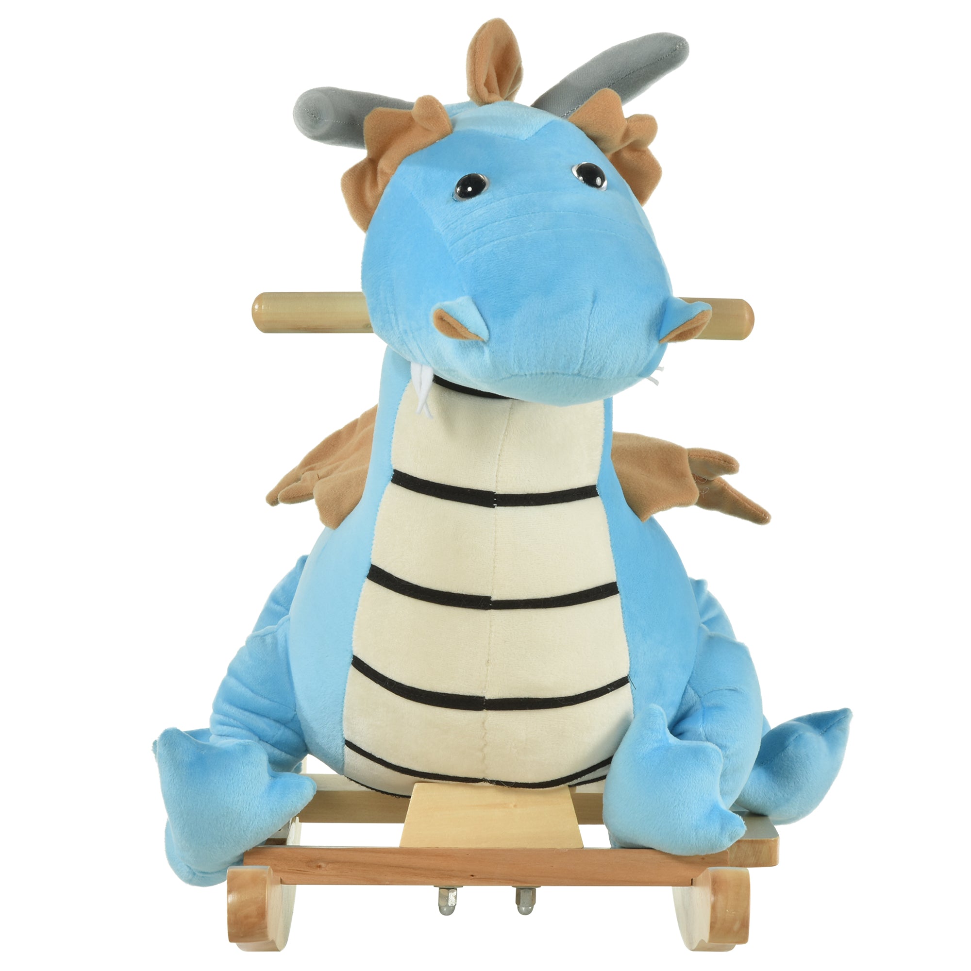 Blue wooden dinosaur rocking horse by I YAN with realistic sounds, suitable for children aged 18-36 months.
