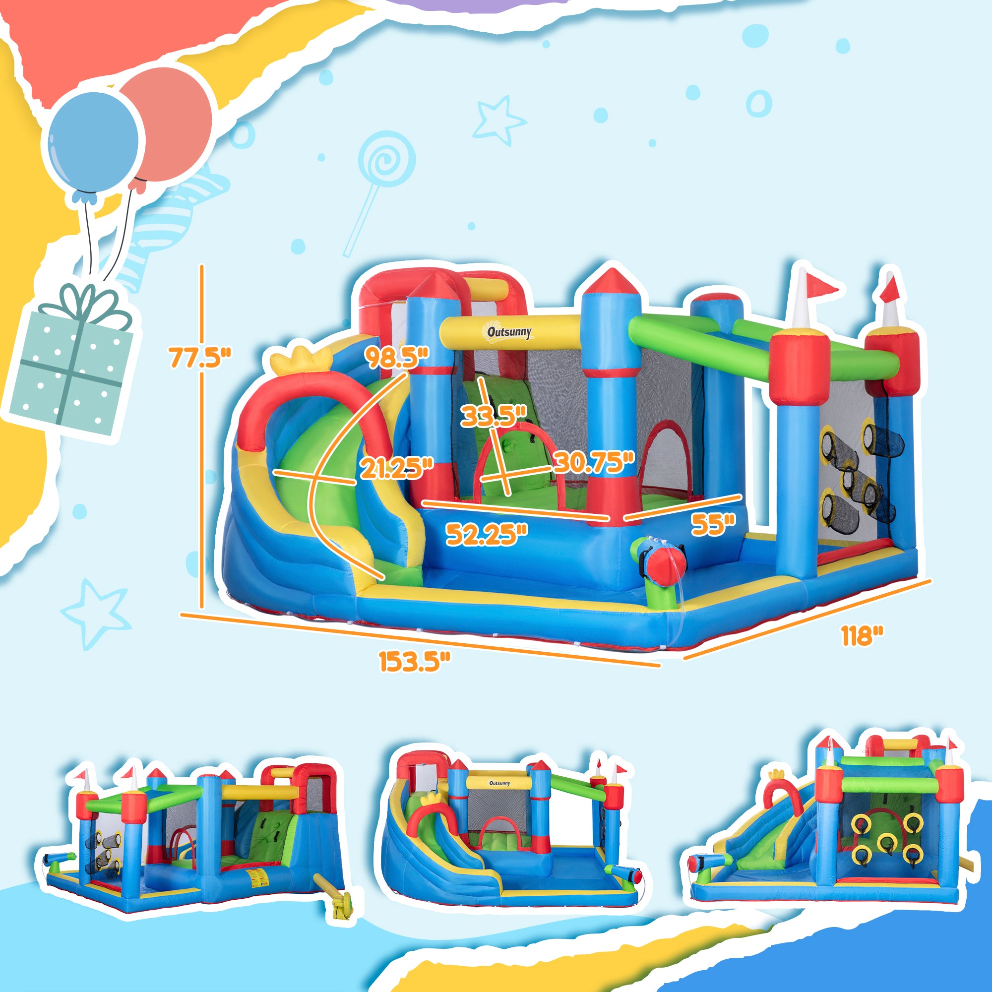 Colorful 6-in-1 inflatable water slide with splash pool, climbing wall, water cannon, and bounce house for kids, branded I YAN.