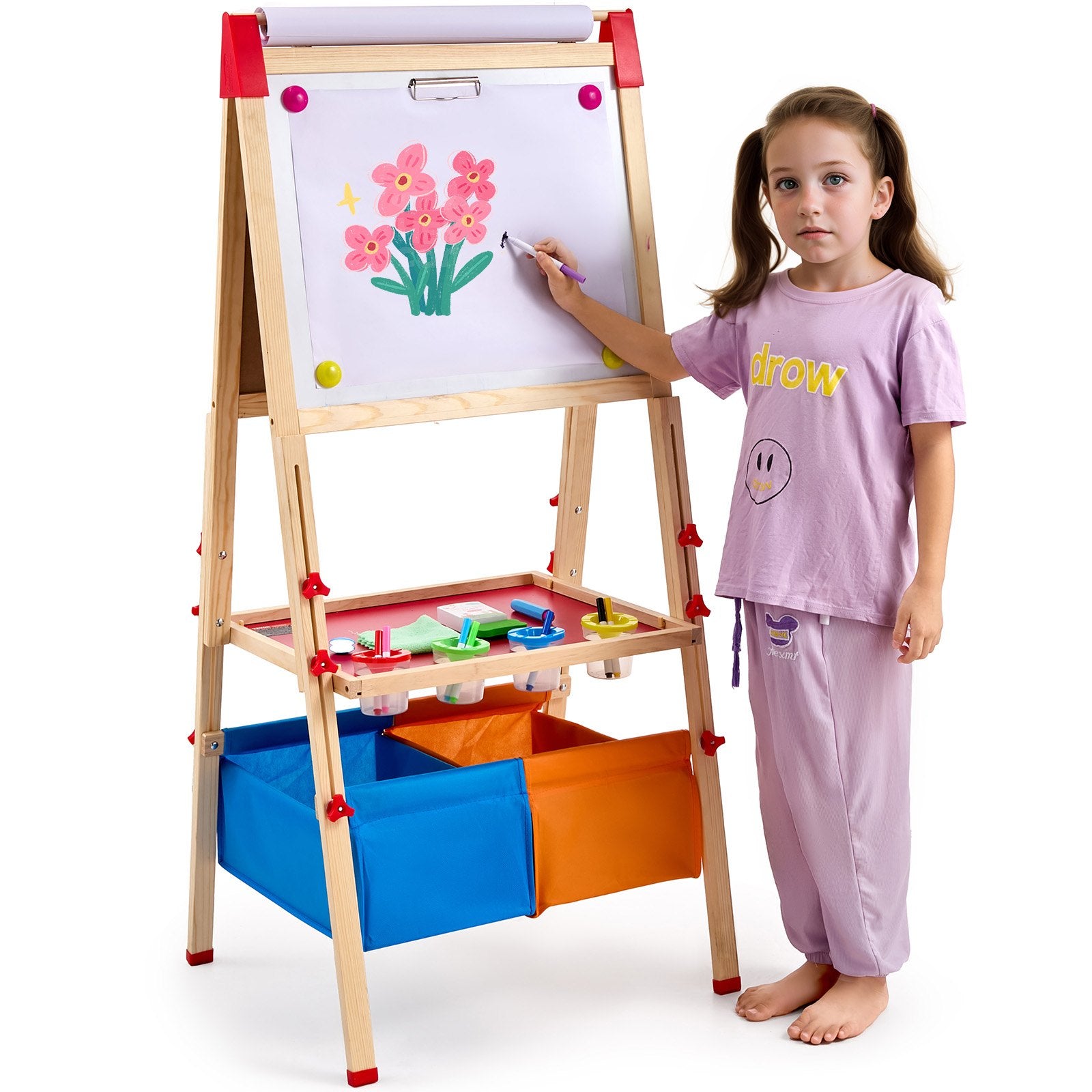 Kids art easel by I YAN featuring a double-sided wooden magnetic whiteboard and chalkboard for creative activities.