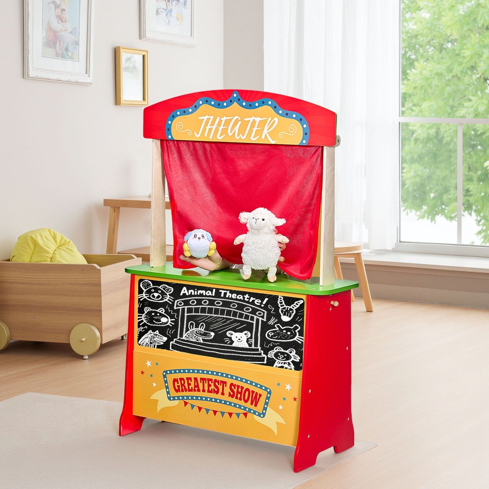 Wooden puppet theater and play store stand by I YAN, reversible 2-in-1 kids' play market stand with colorful details and wooden construction.