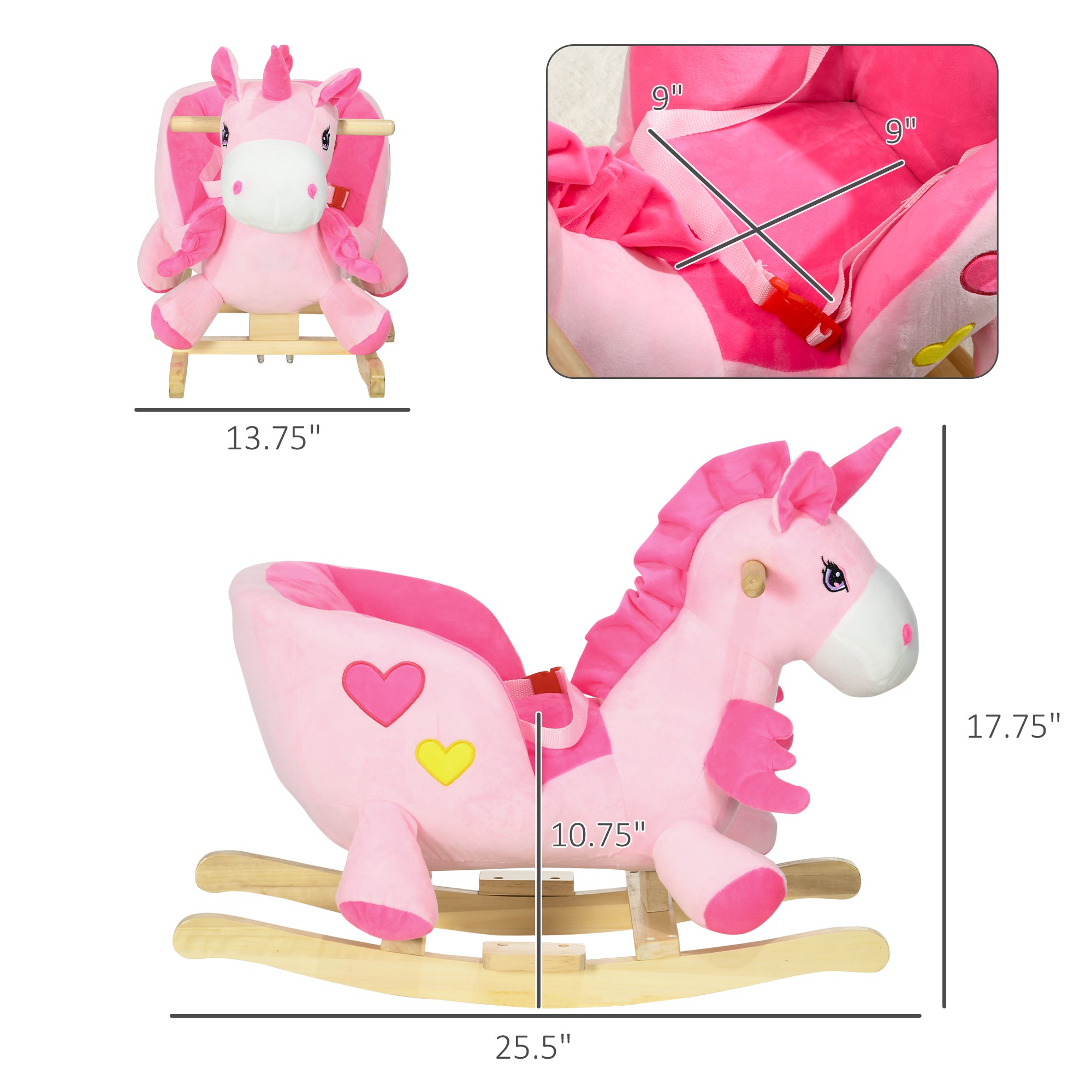 Pink I YAN baby rocking horse unicorn ride-on with seatbelt and 32 songs, featuring a plush unicorn design for young children.