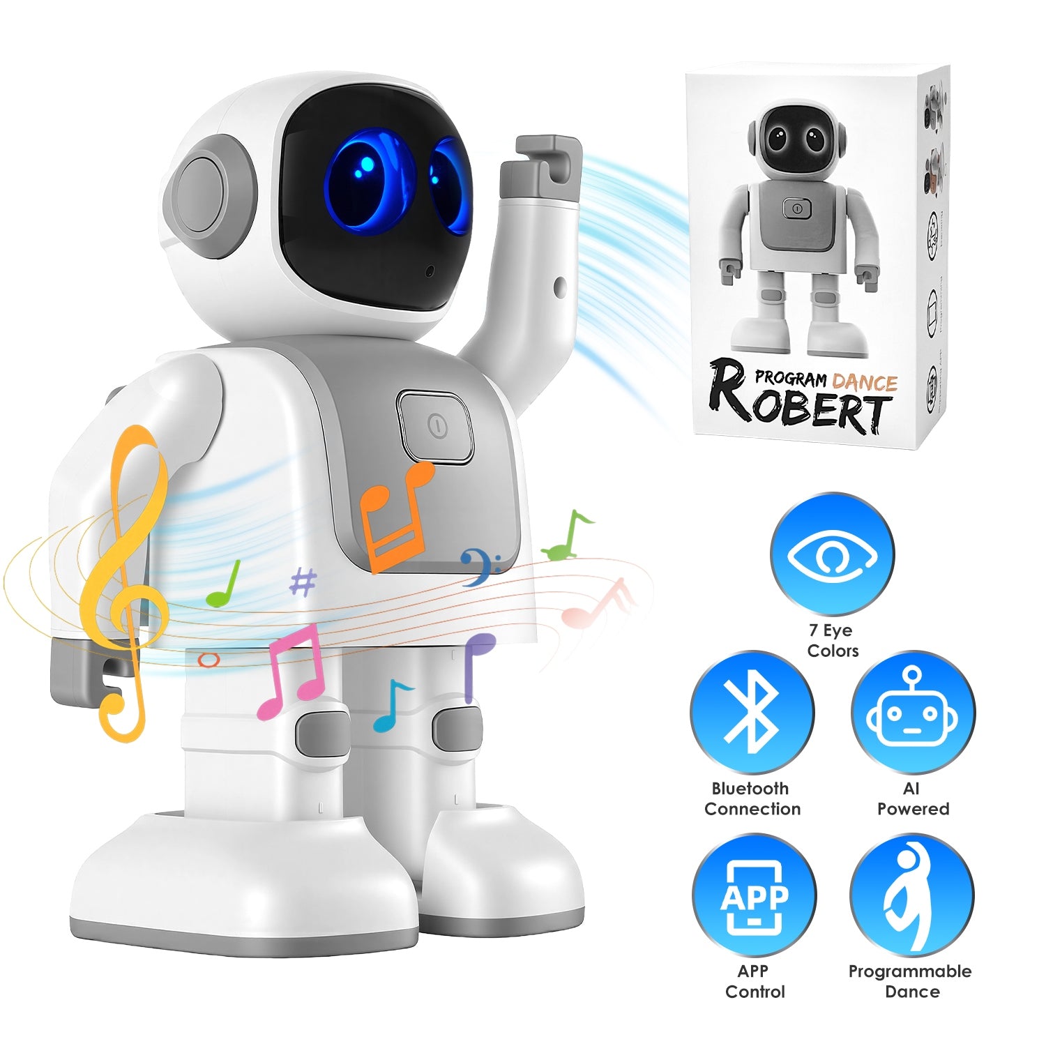 I YAN AI dancing robot toy with Bluetooth music and voice assistant, showcasing its colorful design and interactive features.