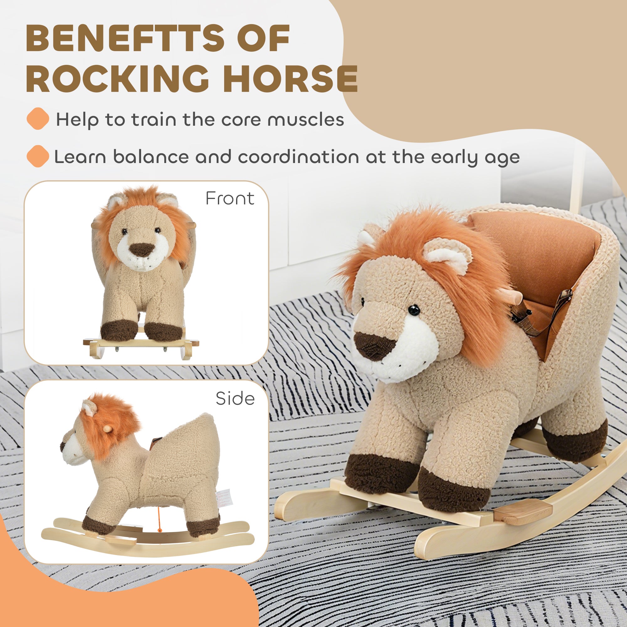 Plush wooden baby rocking horse lion with sound, suitable for toddlers 18-36 months, by I YAN.