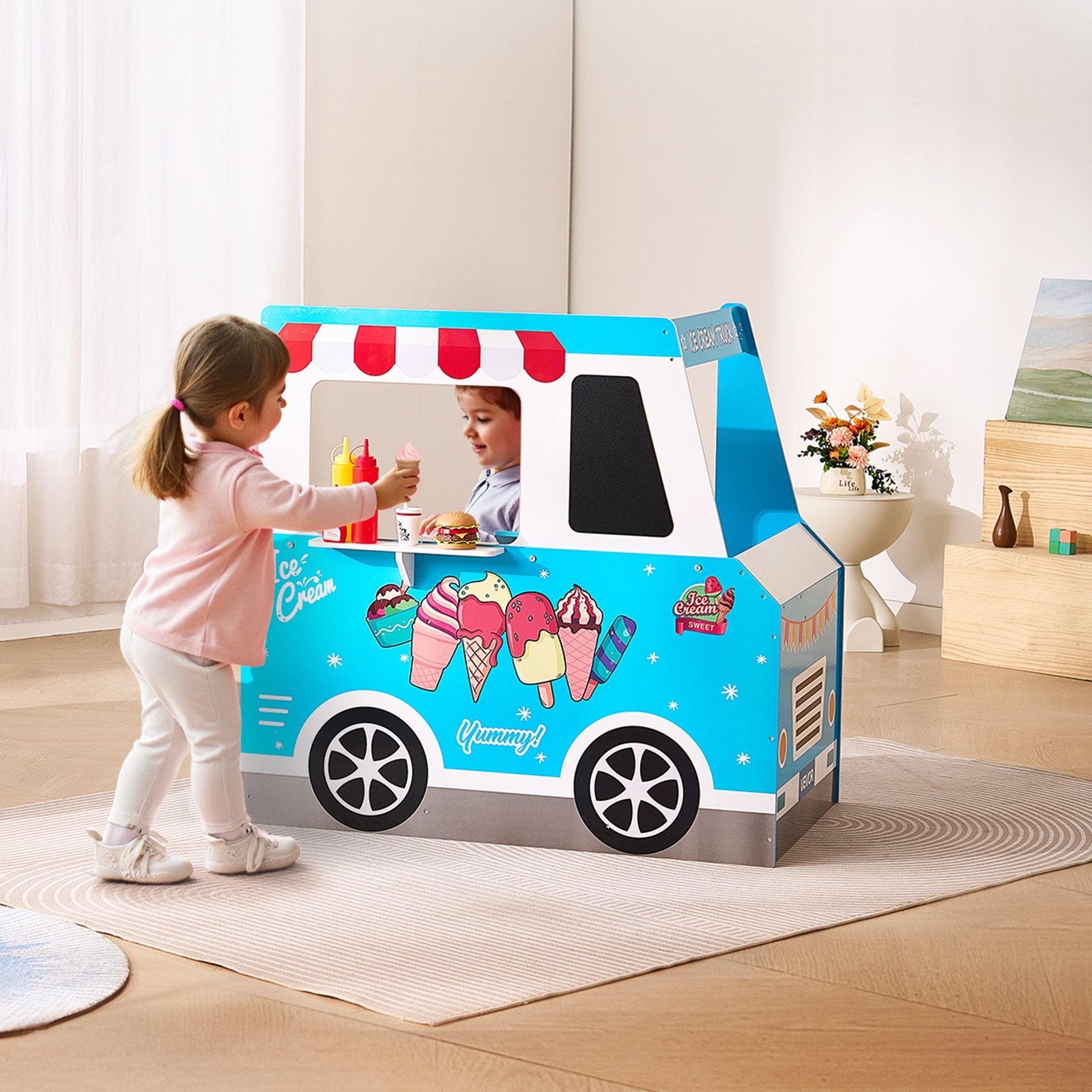 Wooden ice cream truck playset by I YAN for kids aged 3-7, featuring colorful pretend ice cream and play stand.
