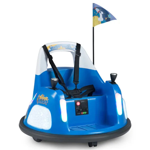 Blue I YAN 5-point seat belt bumper car with flashing lights and music, designed for kids to ride at 0.7-1.2 MPH.