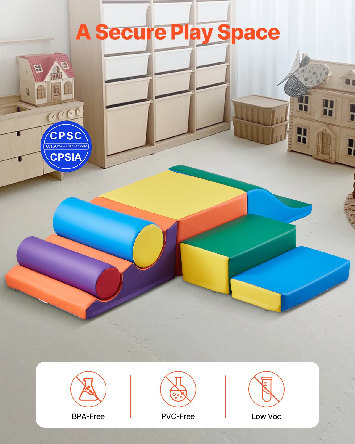Colorful foam climbing blocks set for toddlers and preschoolers, featuring seven different-sized soft climbing toys by I YAN.