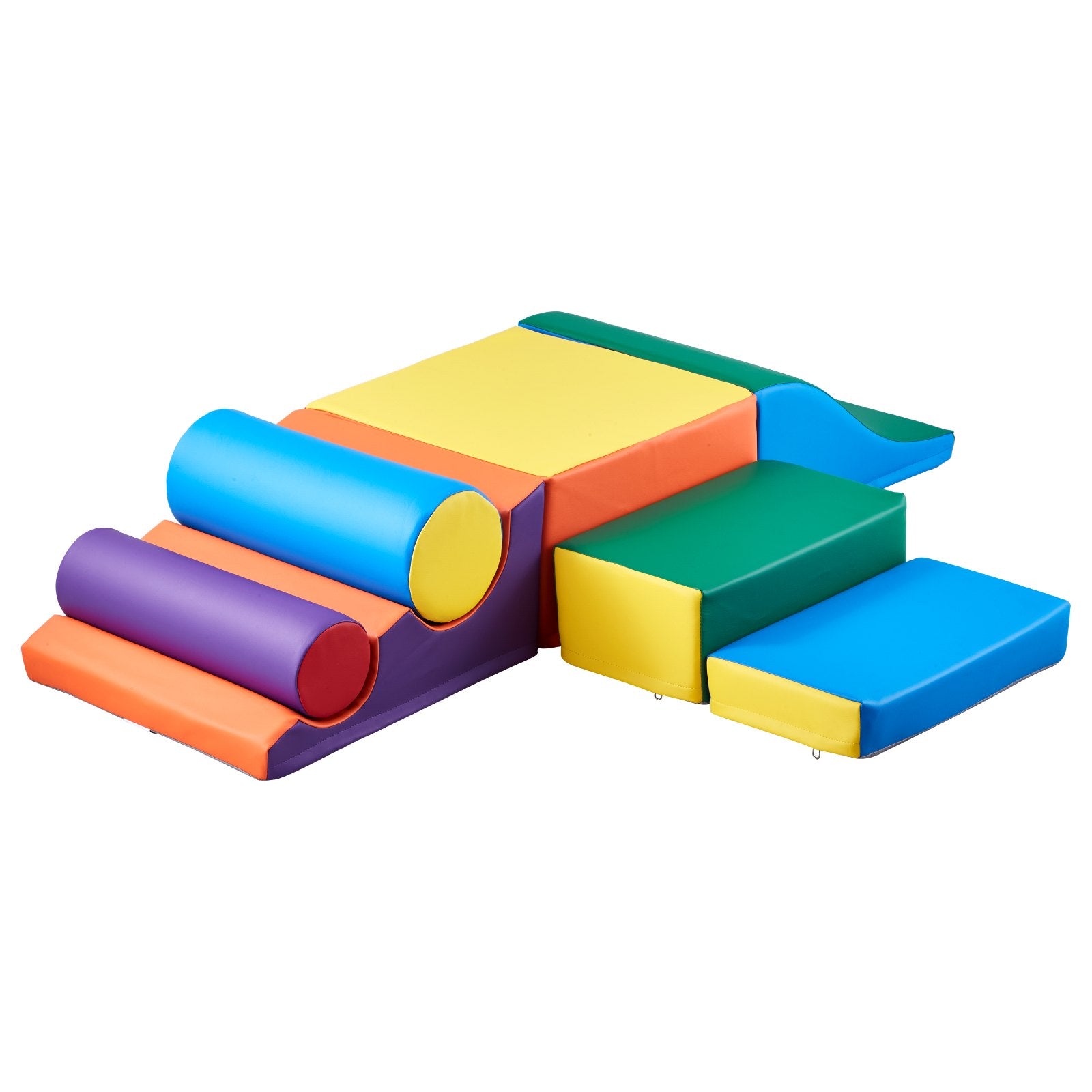 Colorful foam climbing blocks set by I YAN with seven pieces, designed for toddlers and preschoolers' indoor play and motor skills.