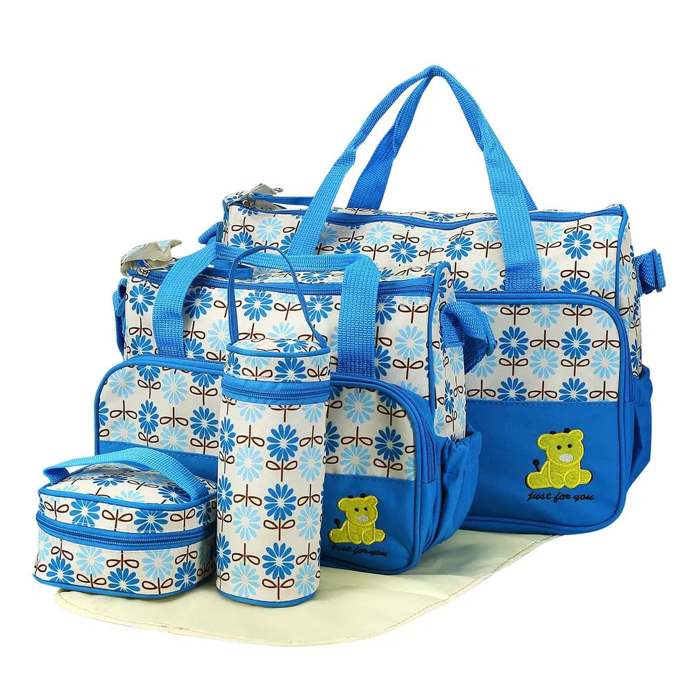 Set of five I YAN baby nappy diaper bags with shoulder straps, changing pad, insulated pockets, and travel tote design.