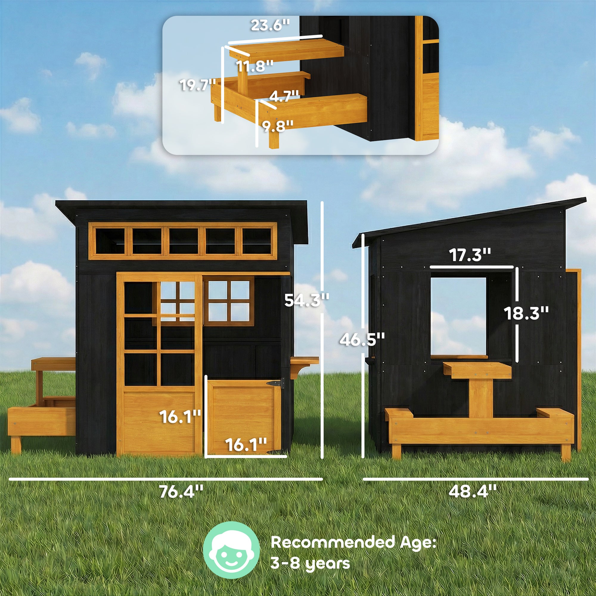 Wooden outdoor kids playhouse with picnic table, benches, chalkboards, half door, and windows, suitable for children ages 3-8.