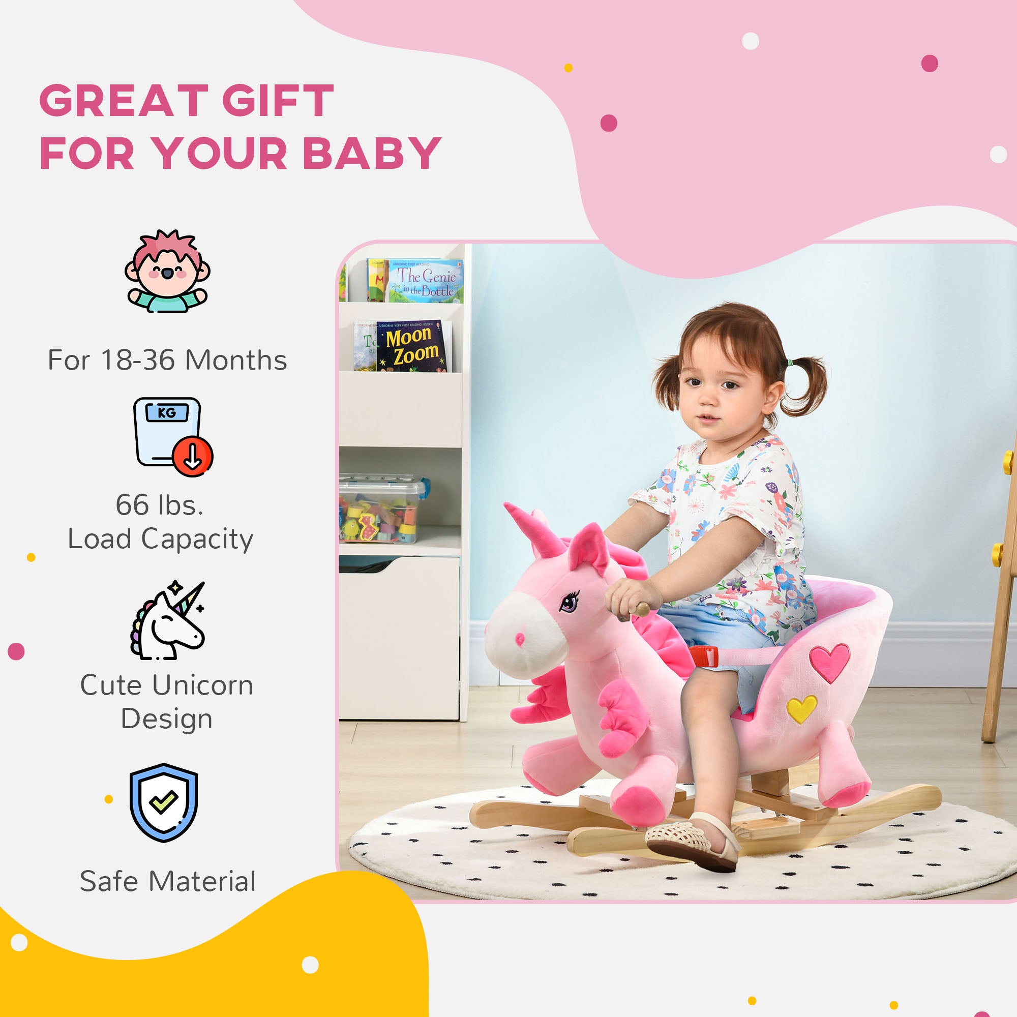 Pink baby rocking horse ride-on unicorn by I YAN with 32 songs, safety seatbelt, and detailed unicorn features.