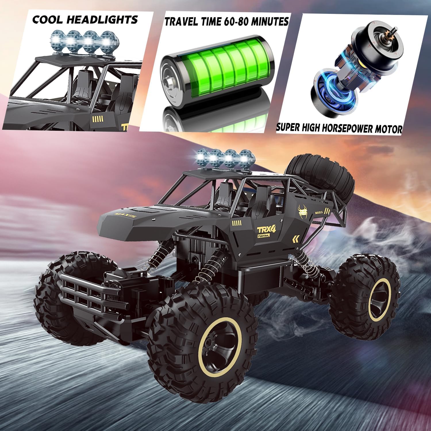 I YAN 4WD RC rock crawler truck with LED headlights, off-road tires, and two batteries for extended play.
