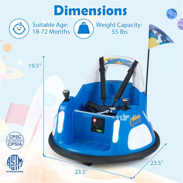 Blue I YAN 5-point seat belt kids bumper car with flashing lights and music, safe ride-on toy for children, speeds 0.7-1.2 MPH