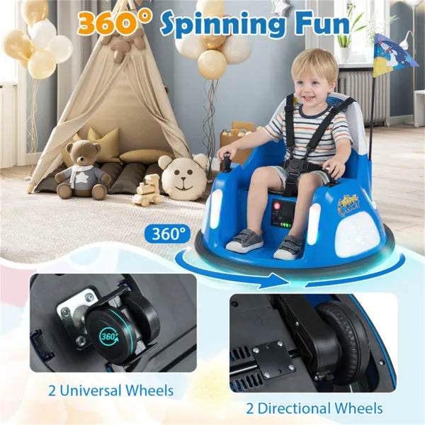 Blue I YAN 5-point kids bumper car with flashing lights, music, and safety harness, designed for children to ride at 0.7-1.2 MPH.