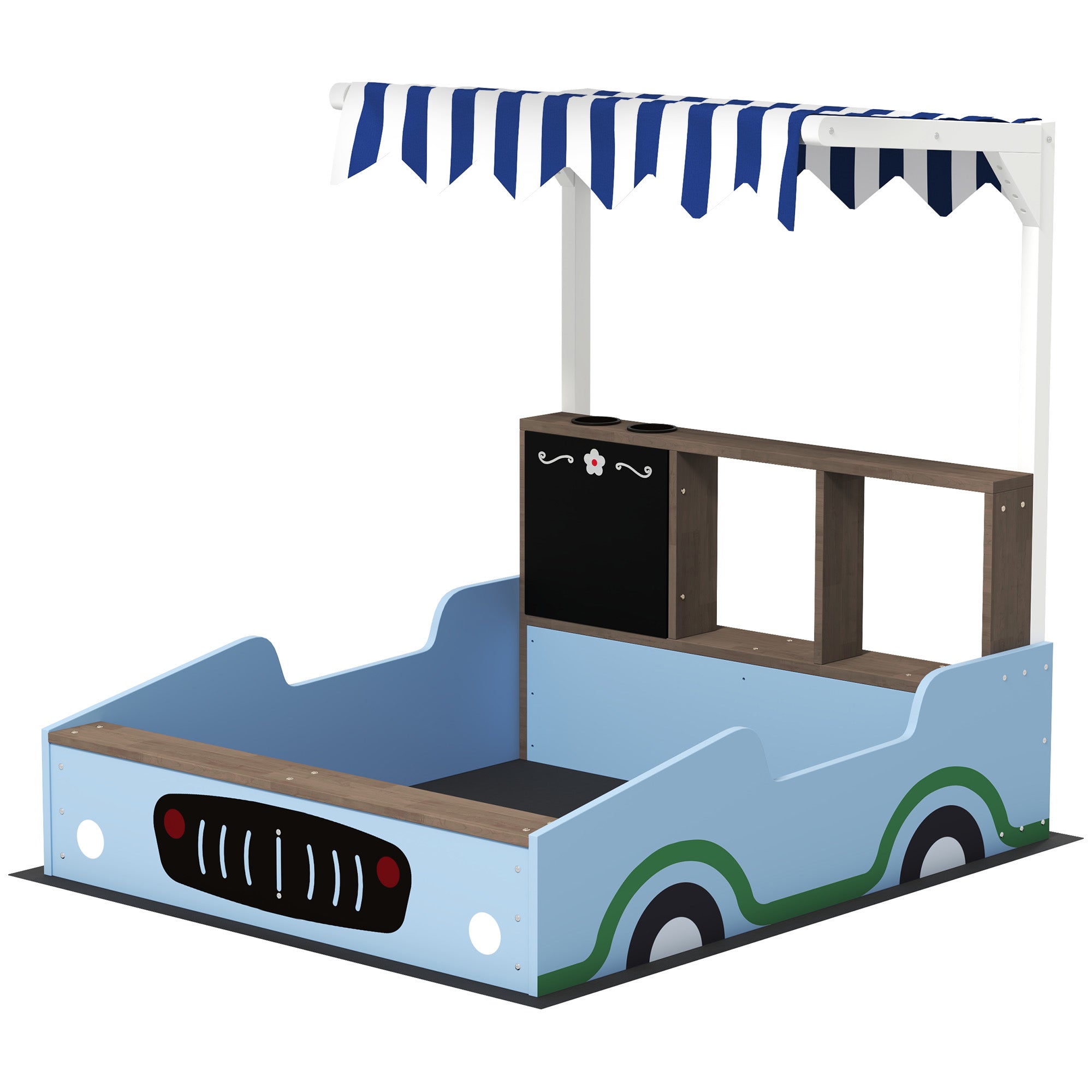 Kids wooden sandbox with canopy, bench seats, drawing board, planting boxes, and bottom liner in blue for backyard play by I YAN